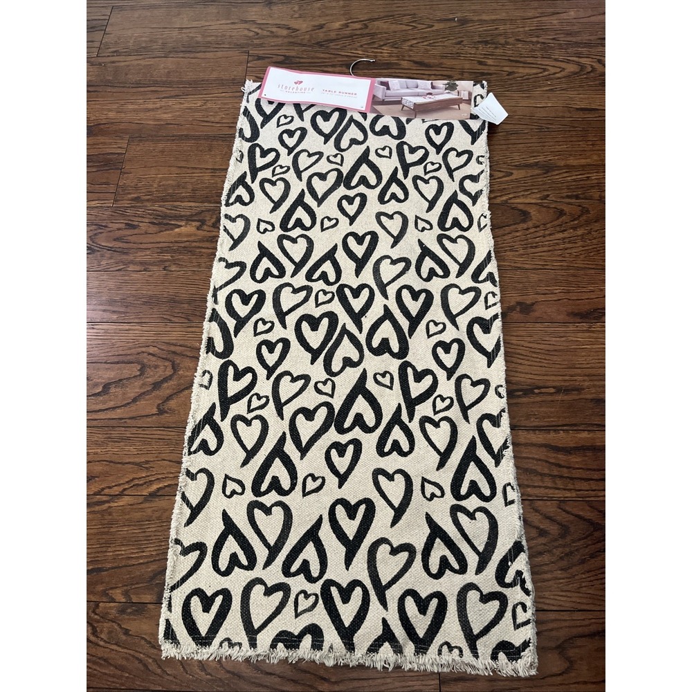 Storehouse Valentine Table Runner Black Tan Hearts Fringed Border NWT 16 X 72